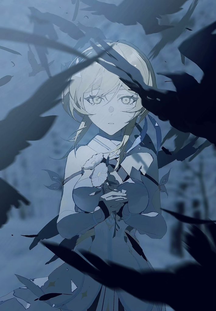 a digital illustration of lumine from genshin impact surrounded by birds. the image has a bluegrey hue and is lit dimly with dark shadows. lumine is holding a flower in her hands.
