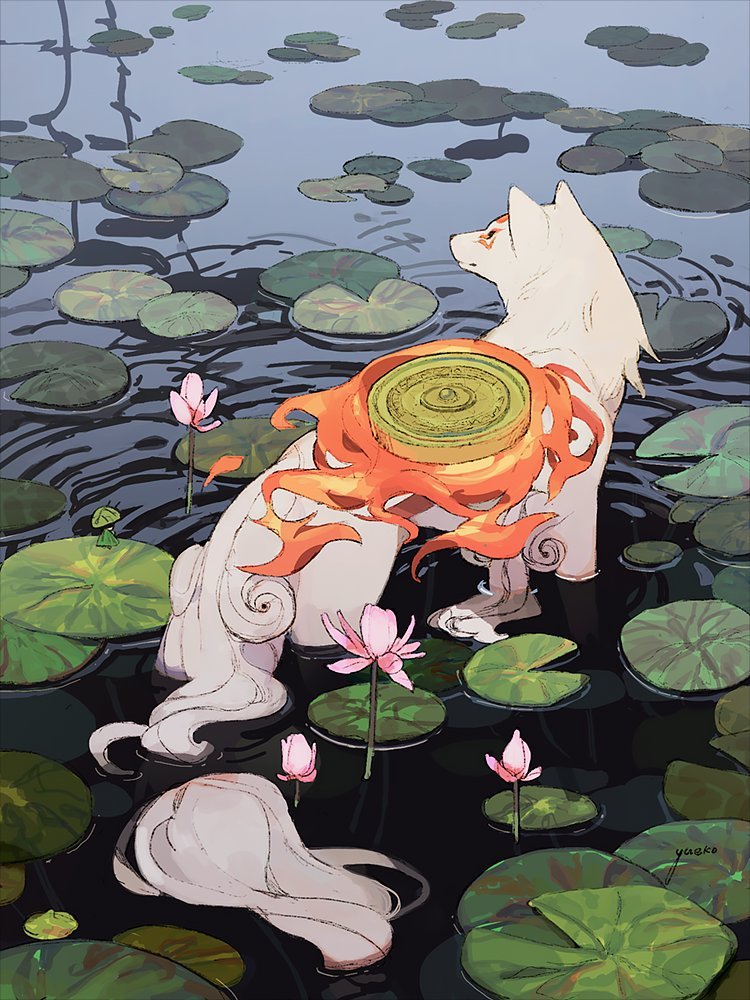 a white, foxlike creature with flowing hair and a fiery halo stands in a pond filled with lily pads and pink lotus flowers.  the scene is peaceful and the lighting gives it a mystical atmosphere.