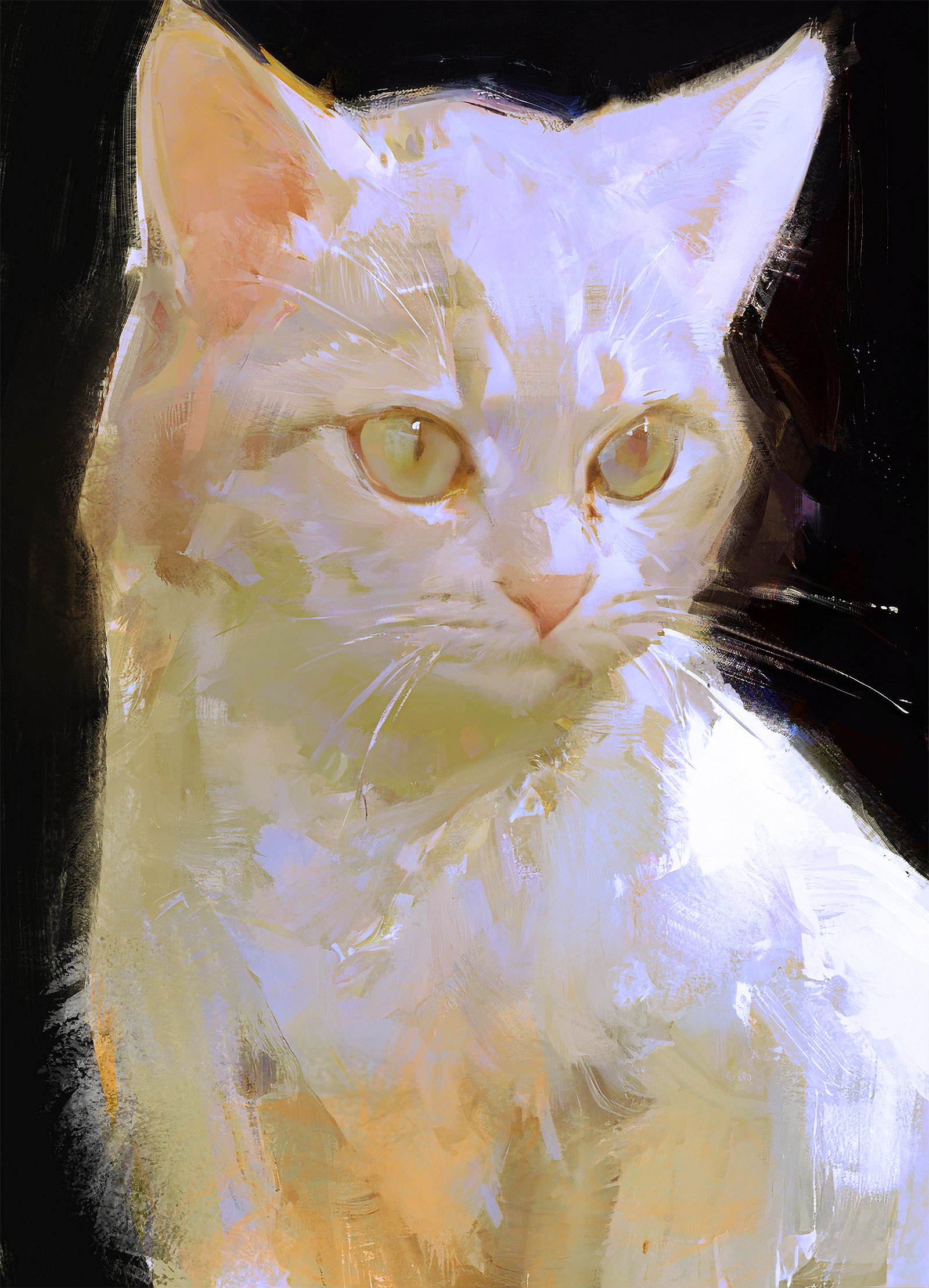 a white cat with yellow eyes is depicted in a closeup portrait. the cat's face is slightly tilted, giving the impression of a curious gaze. the artwork is painted in a loose, impressionistic style with visible brushstrokes, creating a sense of movement and texture. the cat's fur is rendered with a mix of white and yellow tones, highlighting the subtle variations in color and light. the background is a dark, almost black, creating a strong contrast and emphasizing the cat's white form. the overall impression is one of softness and elegance, with a touch of mystery and intrigue.