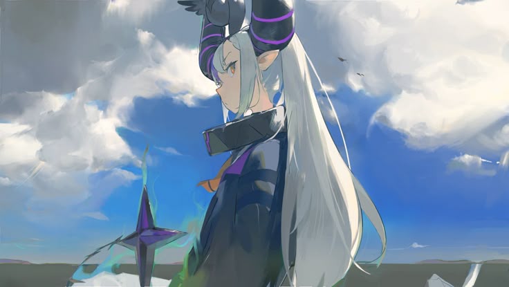 he image is a digital painting or illustration of an animestyle female character. she has long, flowing white hair and prominent black horns with purple accents. she's wearing a darkcolored outfit with purple details and seems to be holding or wielding a starshaped object that has teal and purple highlights. the background is a vast, blue sky with fluffy white clouds and a distant landscape. the overall style is dreamy and slightly melancholic, with a focus on the character's profile and the vastness of the sky. the art style is soft and painterly, using blending techniques to create a fluid look.