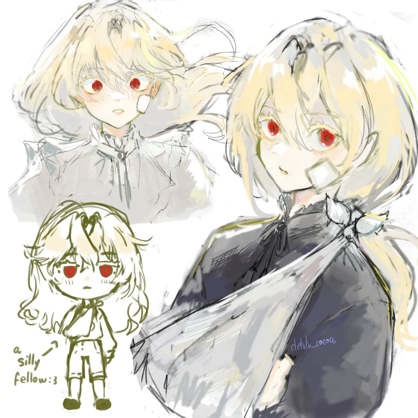 the image is a collection of digital sketches depicting a blondehaired girl with red eyes in various styles and poses. one version shows her with an arm sling, suggesting an injury.  another shows a chibi version of the character.  the overall art style is soft, with light colors and a slightly watercolorlike texture. the sketches are loose and expressive, focusing more on capturing the character's essence than precise detail. the artist's signature or username, "cdeluu.cocoa", is visible on one of the drawings.