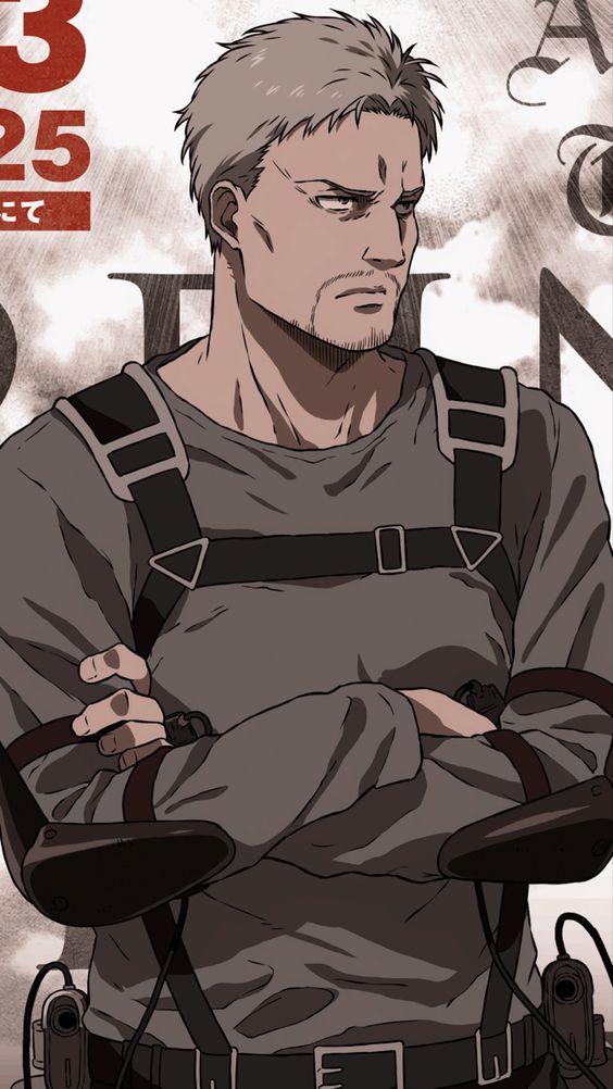 this digital fanart illustration features reiner braun, a character from the anime and manga series attack on titan. he is positioned slightly to the side with his arms crossed, gazing directly at the viewer with a serious expression. reiner's attire consists of a plain, lightcolored shirt covered by a dark harness equipped with buckles and straps, indicative of his role as the armored titan. the backdrop is a muted gray, allowing the character to stand out prominently.