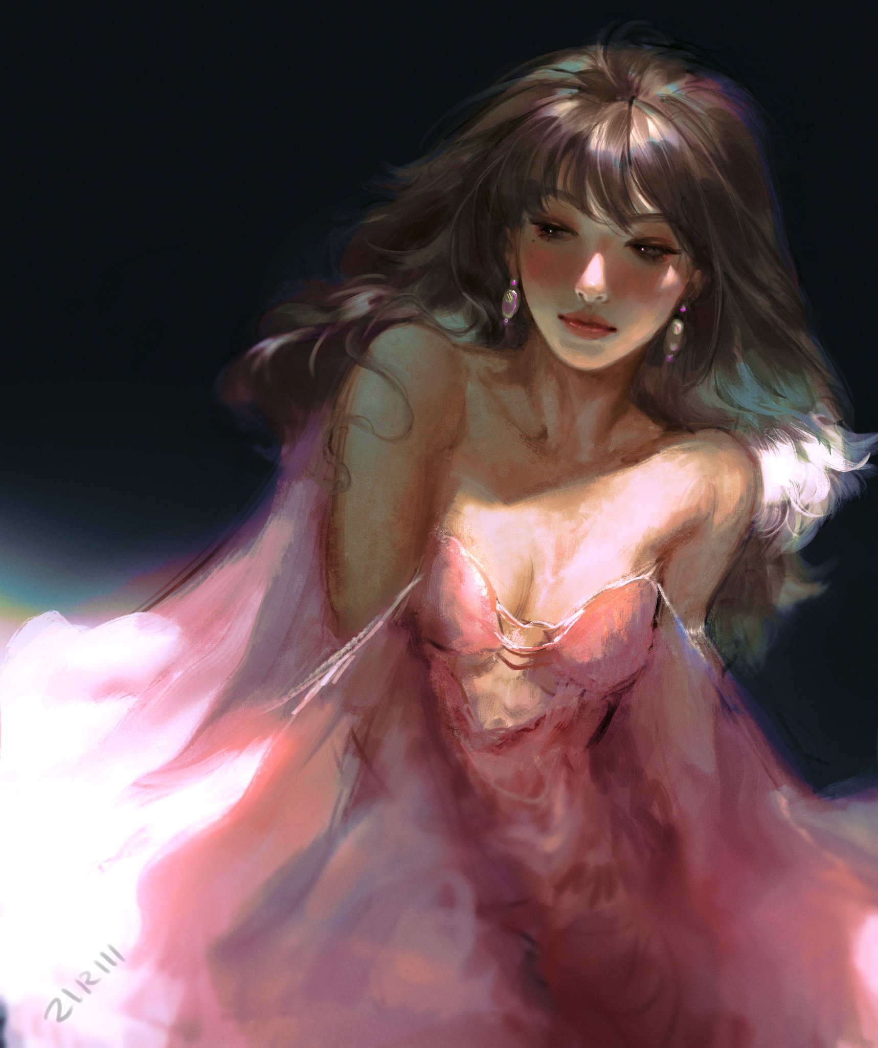 the image is a digital painting of a young woman with long, brown hair styled with bangs. she is wearing a delicate, flowing pink gown that drapes elegantly around her.  the woman's expression is soft and slightly melancholic. the lighting is soft and diffused, creating a dreamy atmosphere. the overall style is artistic and somewhat whimsical, with a subtle blend of fantasy and realism, possibly influenced by anime aesthetics. the background is dark, focusing attention on the woman and her attire.  the artist has paid close attention to detail in the rendering of the fabric, skin tones, and hair.