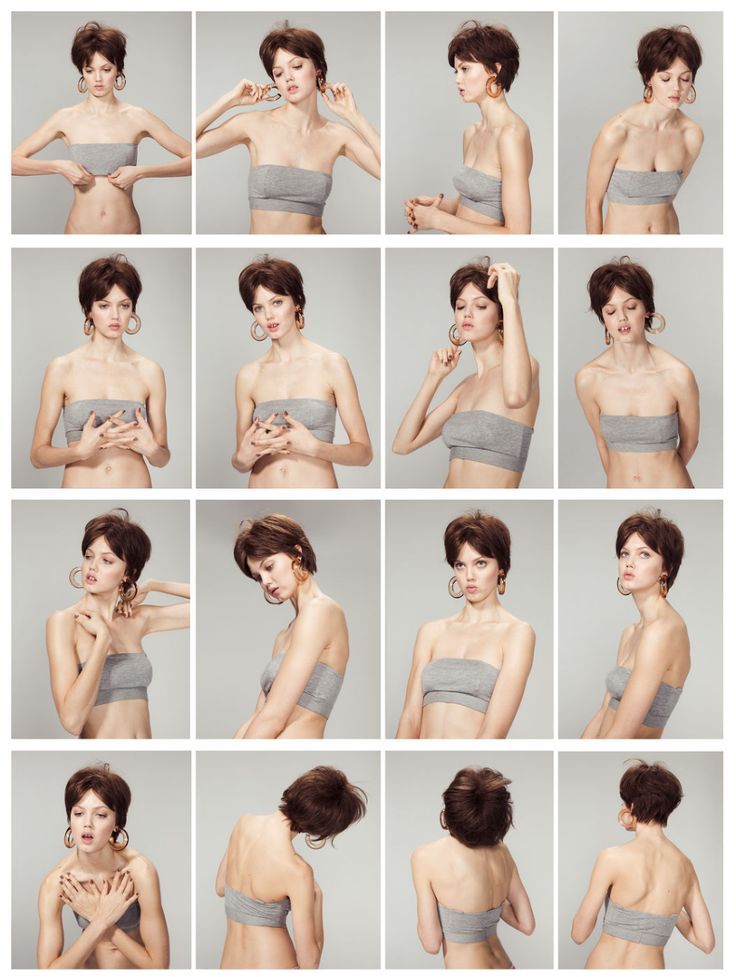 a collage of 18 photos showing a young woman with brunette hair in a studio wearing a grey tube top and different poses. she is looking directly at the camera in most of the photos, but in some she looks off to the side. some of the photos show her touching her hair or earrings, while others show her standing with her arms at her sides. she is wearing various accessories like hoop earrings and a small silver necklace.