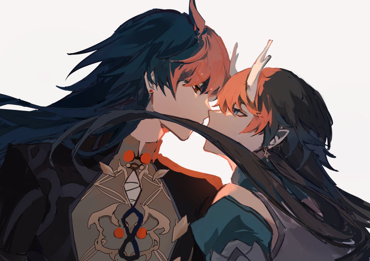 this is an illustration of two anime characters in a romantic embrace. the male character has blue hair and red horns, while the female character has red hair and white horns. they are both looking at each other with love in their eyes, and their lips are about to meet in a kiss. the illustration is set against a white background, and the characters are drawn in a stylized and colorful way.