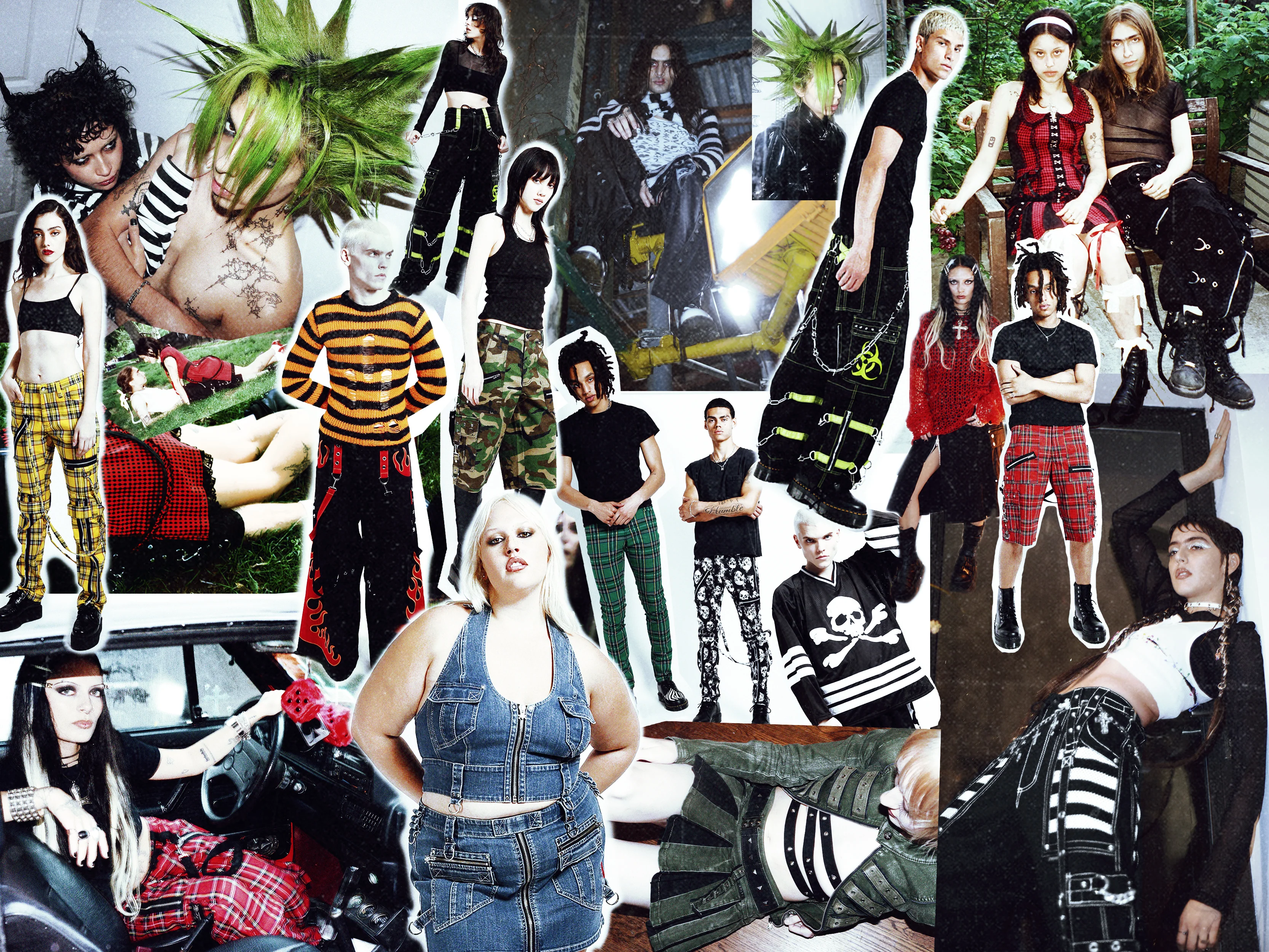 a vibrant collage showcasing a diverse array of individuals expressing alternative fashion styles reminiscent of punk, goth, and grunge subcultures from the 90s and 2000s. the image is a whirlwind of bold colors, patterns, and edgy aesthetics.  models are captured in various poses, showcasing a wide range of clothing, from plaid and cargo pants to denim and dark accessories. the hairstyles and makeup further emphasize the rebellious and expressive nature of the subcultures represented. the collage's energy is chaotic yet unified, capturing the spirit of a generation and their unique sense of style.