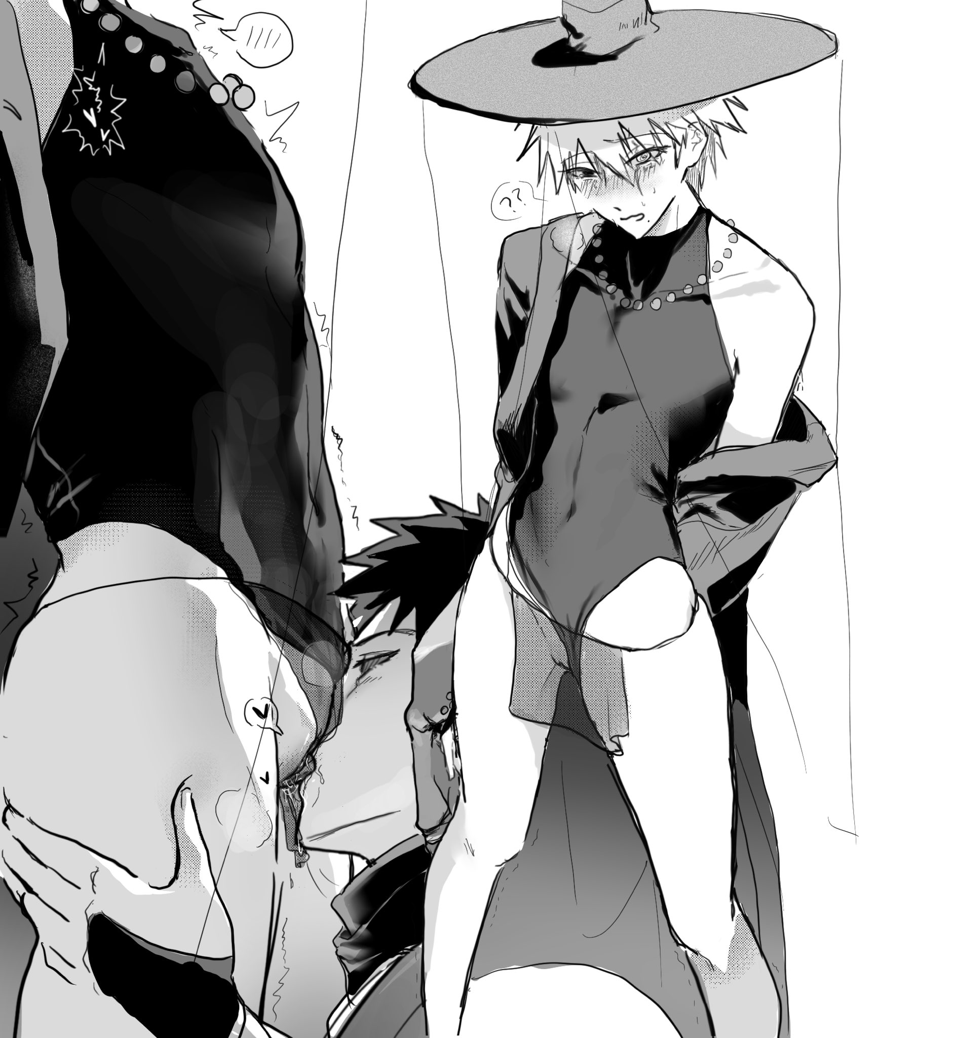 the image is a monochrome drawing or sketch depicting a suggestive scene between two animestyle male characters. one character, wearing a witchlike hat and revealing clothing, is positioned centrally, while another, whose attire is mostly obscured, is depicted in a closer, more intimate position in the background. the style is reminiscent of manga or fanart, with a focus on suggestive body language and implied intimacy. the overall atmosphere is dark and slightly mysterious, yet also romantic.