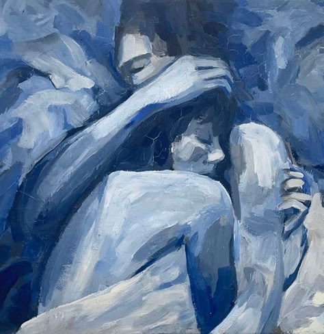the painting depicts a closeup view of a couple embracing, painted in a loose and expressive style with bold brushstrokes. the dominant color is blue, which creates a sense of intimacy and vulnerability. the figures are intertwined, suggesting a deep connection and emotional bond. the painting's abstract elements and textured surface add depth and complexity, inviting the viewer to contemplate the relationship between the couple.