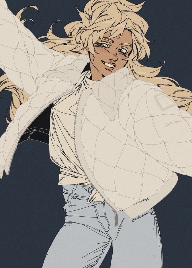 a digital illustration of a woman with long blonde hair wearing a white puffer jacket and blue jeans, smiling confidently. she is drawn in an anime style with dynamic lines and expressive features. the background is a solid dark blue, giving the image a bold and striking feel. the overall composition suggests movement and energy, and the woman's stylish outfit and confident expression create a sense of cool and trendy style.