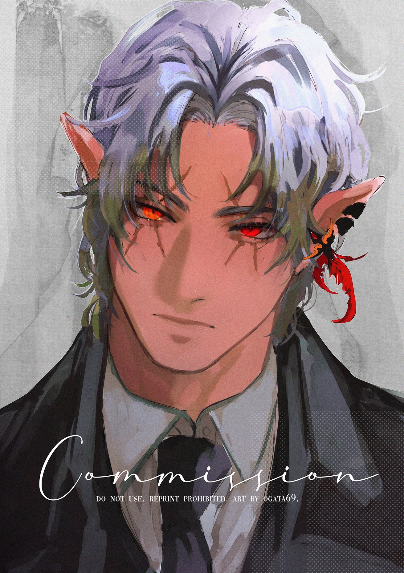 this is a digital illustration of an anime character with pointy ears, red eyes, and a black suit. the character has long, flowing hair that is white in color. the character is staring intently at the viewer. the artwork is commissioned by ogata69 and the artist has marked the image with a commission label, stating "do not use. reprint prohibited. art by ogata69".