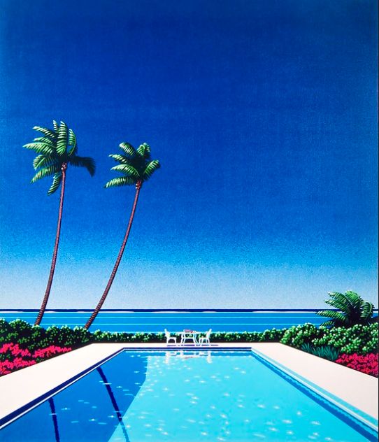 the image depicts a tropical paradise scene in an 80s retro style. it features a swimming pool in the foreground with light blue water and a white border. behind the pool, there's a vibrant turquoise ocean and a clear blue sky. two tall palm trees are on the left side of the image, and there are various green plants and red flowers along the edge of the pool and towards the ocean. in the distance, a small table and chairs can be seen near the beach. the overall scene evokes a sense of tranquility, relaxation, and summer vacation.