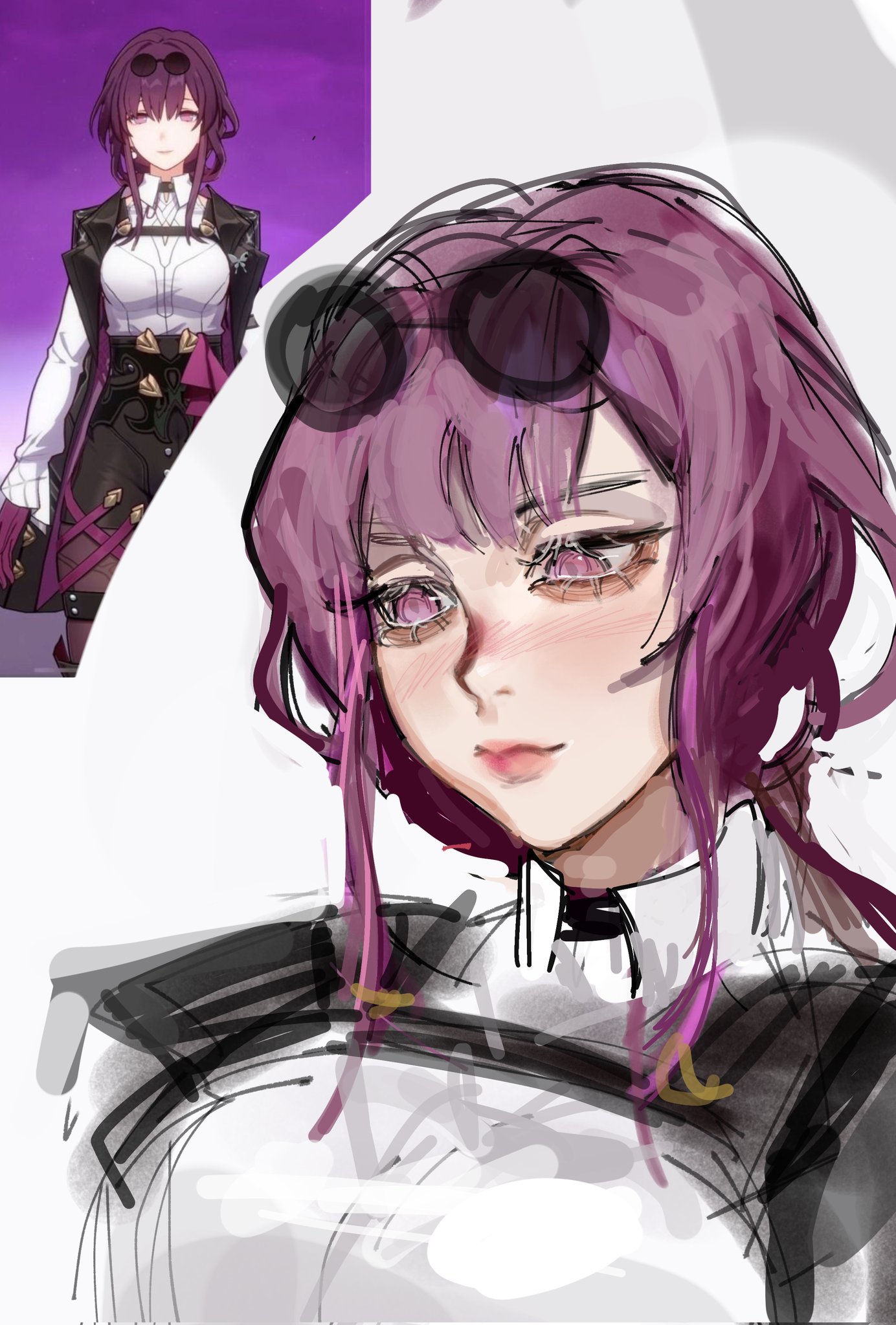 the image showcases a digital artwork depicting an animestyle girl.  a finished illustration of the girl is shown in a smaller panel on the left, while a larger, unfinished sketch or painting of the same girl is the main focus of the image on the right.  the girl in both versions has purple hair, wears glasses, and is dressed in what appears to be a stylish, possibly gothicinfluenced outfit. the main image is a work in progress, exhibiting visible brush strokes and sketch lines. the color palette is primarily purples, whites, and blacks.  the style is reminiscent of both manga and digital painting techniques.