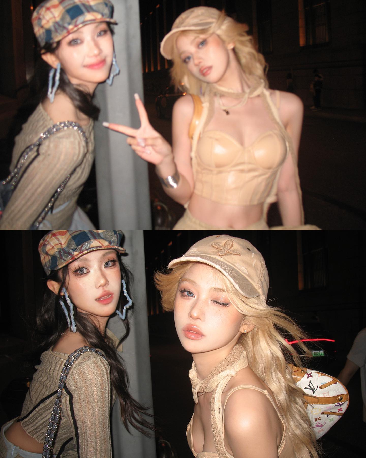 a photo of two young women posing outdoors at night. the women are wearing outfits that have a y2k style. one woman has on a beige top and matching hat, while the other has on a beige corset top and a plaid hat. the woman on the right is making a peace sign in the top photo and winking in the bottom photo. the background of the photo is dark and out of focus.