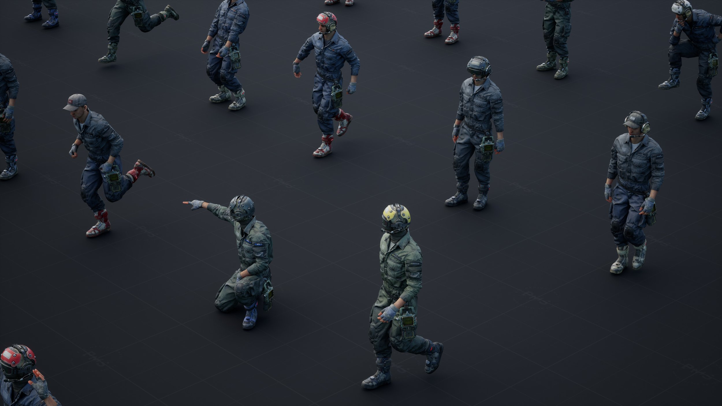 the image shows a 3d rendering of multiple soldiers, presumably from a video game, scattered across a dark grey surface. they are wearing various camouflage uniforms, helmets, and tactical gear. some are crouching, some are running, while others are standing, creating a dynamic scene of military action. the overall dark tone and detailed rendering make the image appear realistic and intense.