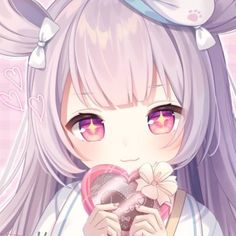 the image showcases a closeup illustration of an animestyle girl.  she has large, expressive purple eyes with prominent highlights, long lavender hair with meticulously drawn strands, and a gentle smile gracing her lips.  she holds a heartshaped box of chocolates, adorned with a delicate white flower, suggesting a valentine's day theme.  her attire consists of a blue and white striped garment. the overall style emphasizes cuteness and delicate features.
