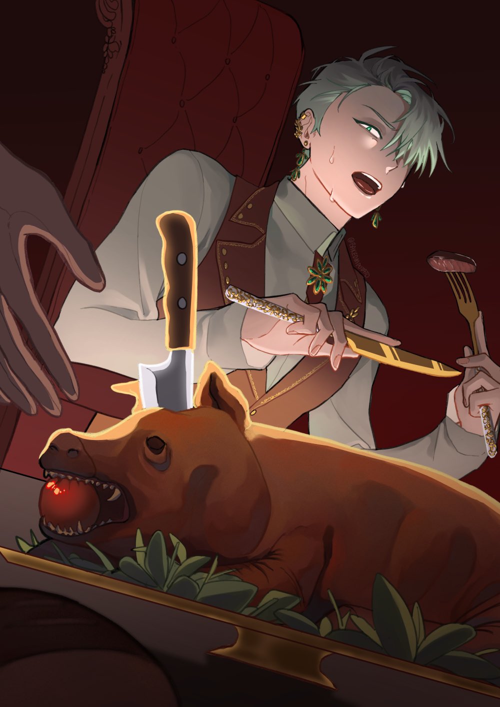 the image shows a young anime man with white hair and red eyes, sitting at a table, eating a roasted pig with a knife and fork. he is smiling and looks happy. the pig is roasted and lying on the table, with an apple in its mouth. the table is covered with a dark red tablecloth.  the man is wearing a white shirt, a brown vest, and a gold necklace. he has several gold earrings.