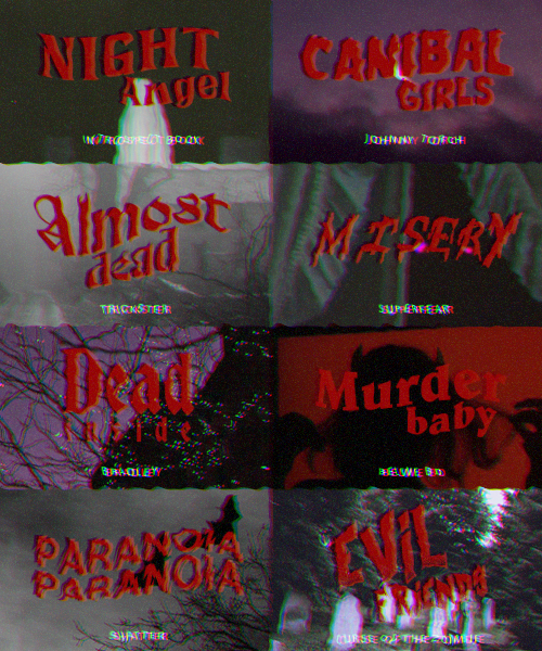 the image is a digital collage of eight stylized movie poster titles. each title is presented in a distressed, grunge aesthetic with a dark red color scheme, overlaid onto seemingly vintage or glitched backgrounds.  the style evokes horror, gothic, or dark academia themes. the titles are presented in a grid format, reminiscent of a film program or catalog.  the overall effect is dark, mysterious, and visually striking.