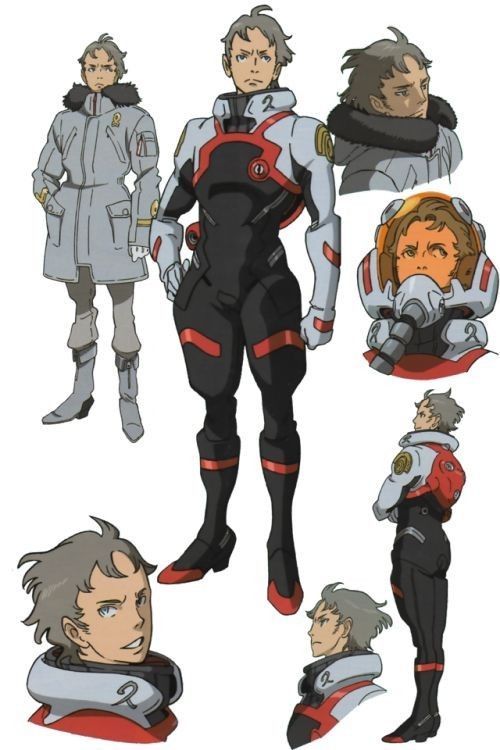 his image is a character design sheet for an anime or manga character. it shows multiple views of the character in different outfits and poses, including a fullbody shot in a futuristic space suit, a casual jacket, a closeup of the face and a helmet. the character is male, with short grey hair and has a somewhat serious expression. the style is distinctly anime or manga, with clean lines and vibrant colors. the character is likely a pilot or astronaut, given the space suit and helmet, and the overall scifi setting suggested by the design.