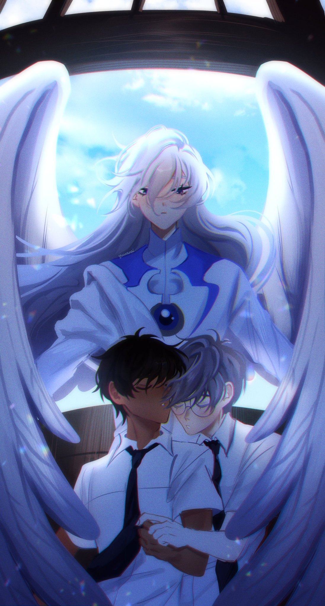 the image is an anime illustration of two boys holding hands, one with white hair and the other with brown hair, with a female angel standing in the background. the angel is wearing a white and blue dress with her wings outstretched, and is looking at the two boys. the boys are both looking at each other with love and affection. the image is set in a romantic and tender atmosphere.