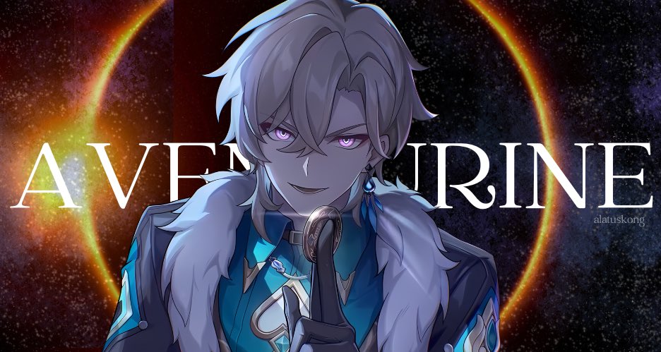 the image features an anime boy character with white hair, piercing blue eyes and  a confident expression. he is dressed in blue and white clothing with fur accents.  he is standing in front of a dark background with stars and a large glowing sun. the boy's appearance and the backdrop create a mystical and fantasy atmosphere.