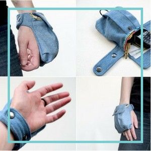 the image contains a collage of four photos featuring a denim hand bag. the top left photo shows someone wearing the bag on their hand, the top right photo shows the bag open, revealing a wallet inside, the bottom left photo shows someone holding their hand out with the denim band around their wrist, and the bottom right photo shows someone wearing the bag on their hand again.