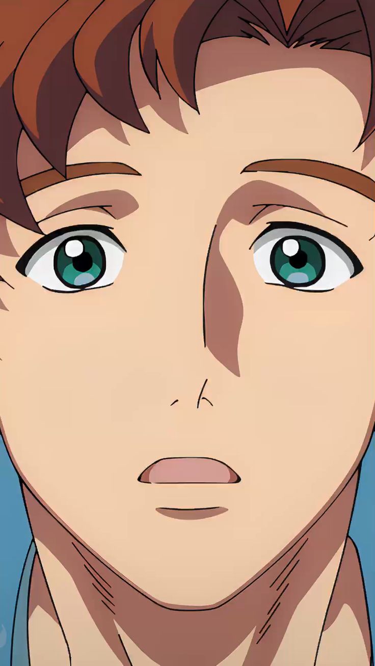 this is a closeup image of a young anime boy's face. he has brown hair and green eyes. his mouth is slightly open, and he looks concerned or worried. the image is drawn in a cartoony style, typical of anime and manga.  the image is focused on the boy's face, providing a closeup of his features. the background is blurred, further emphasizing the boy's expression.  the image is drawn in a bright and colorful style, and the boy's eyes are particularly vibrant. the overall effect is one of concern and introspection.