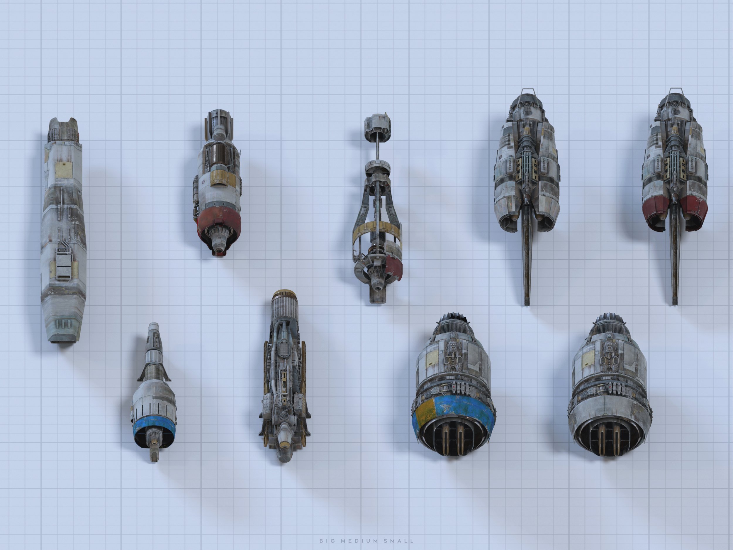the image presents a topdown view of nine different spaceship designs arranged on a gridded background.  the spaceships vary in size and configuration, with some appearing larger and more elongated, while others are shorter and more compact.  they share a similar aesthetic, showing a weathered, industrial look with visible mechanical details. the grid provides a sense of scale and organization, with the caption "big medium small" indicating a size comparison between the vessels.  the overall style is highly detailed and suggestive of concept art for a science fiction universe or video game.