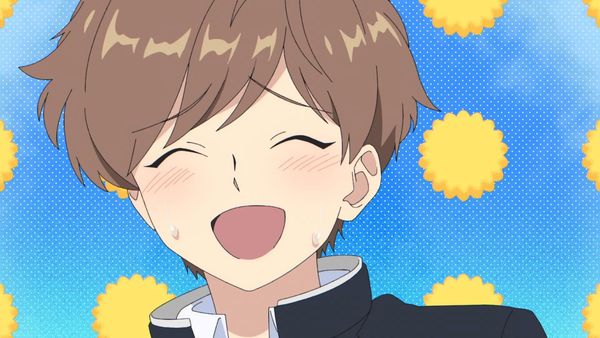 a cartoon anime boy with brown hair and eyes is smiling and laughing, he is blushing. he is wearing a black school uniform and is set against a blue background with yellow polka dots.