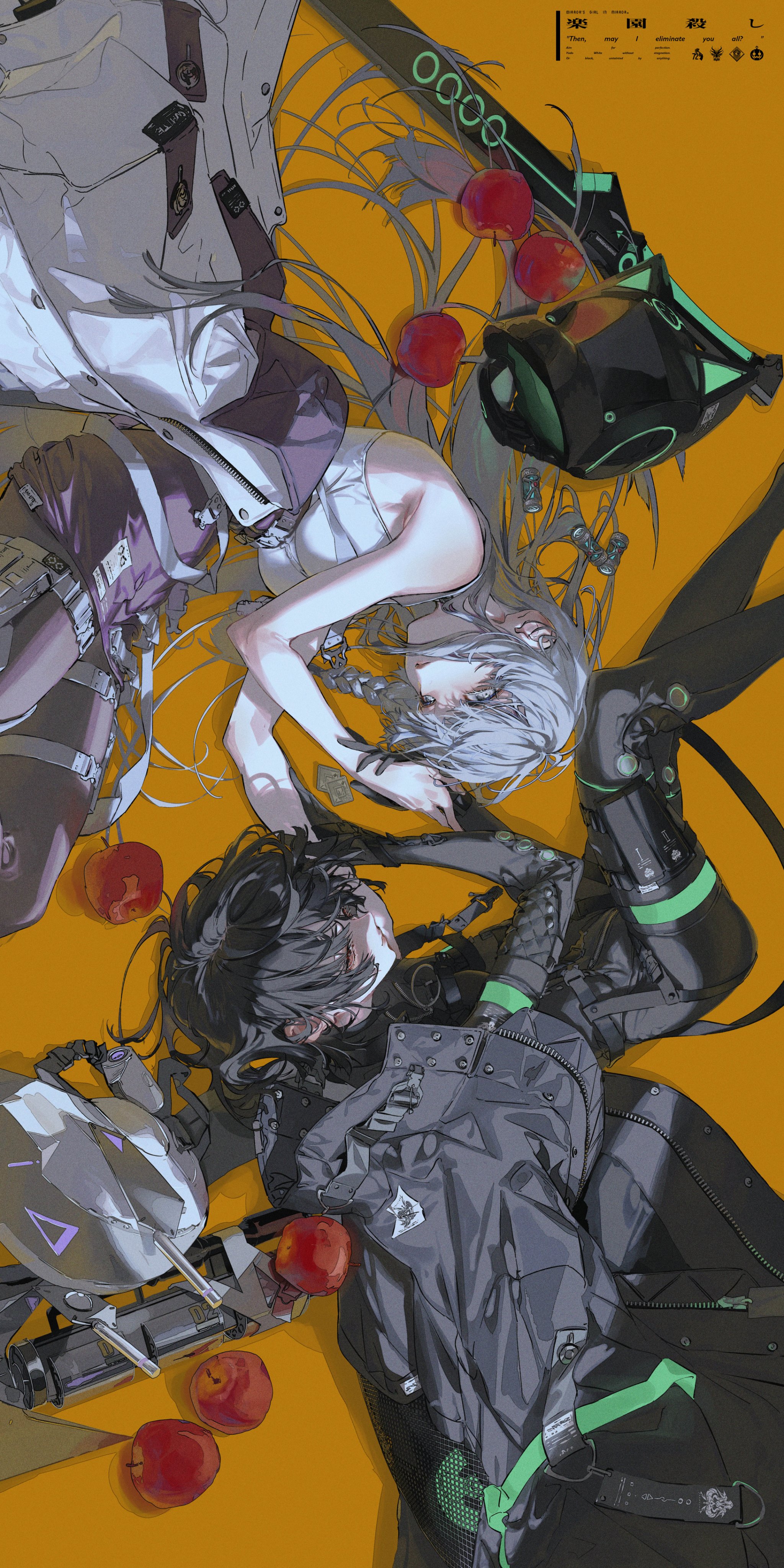 the image shows a colorful illustration in a cyberpunk style, featuring two characters, both of whom appear to be cyborgs or heavily modified humans. the first character is a woman with long white hair wearing a white top and futuristic clothing. she has a robotic arm and is lying down, looking off to the side. the second character is a man in a black and green suit, looking down at the woman with a determined expression. he also has a robotic arm, and his suit appears to be tactical or militarylike. the backdrop is a bright yellow with green and red accents, and an abstract background with a futuristic design. the overall theme of the artwork is cyberpunk and action, emphasizing the characters' powerful presence and the futuristic setting.