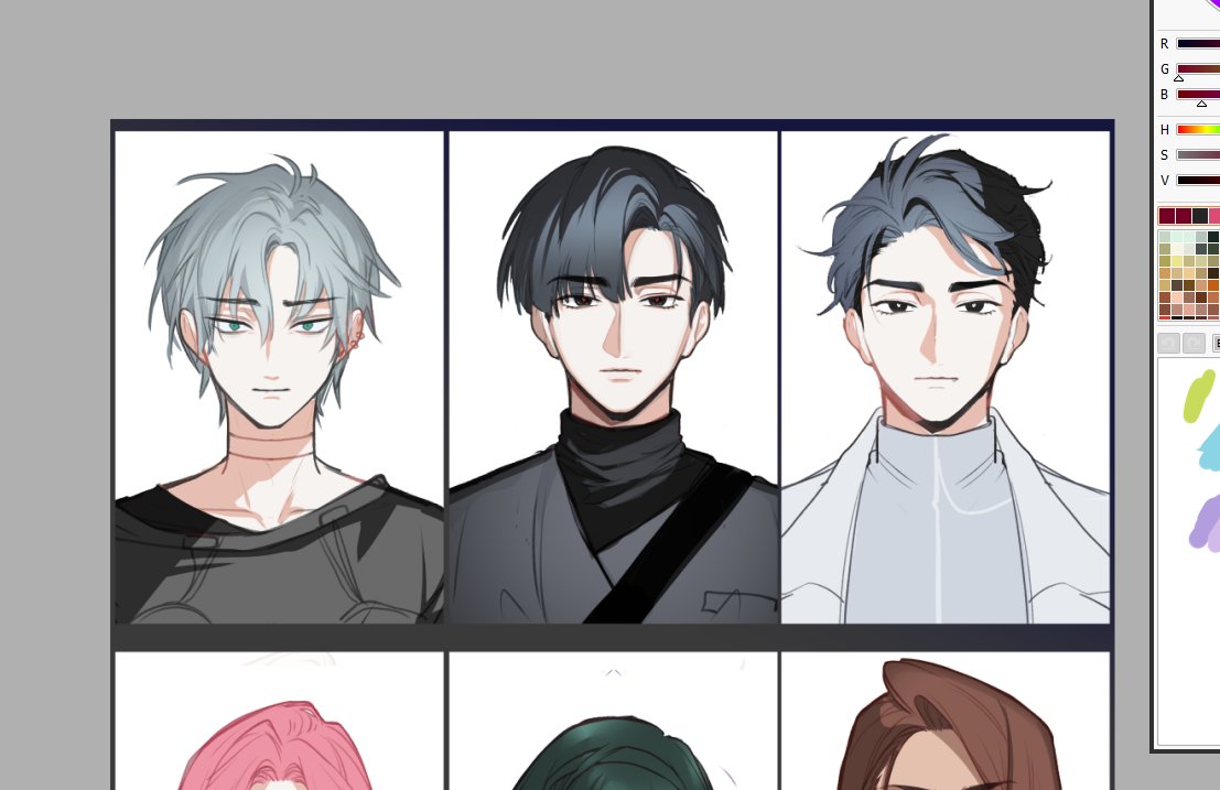 the image shows nine anime style headshots of young men. each character has a distinct hairstyle and clothing. the first three headshots are placed in a row and each one has a different color of hair. the first man has white hair, the second man has dark blue hair and the third man has blue hair. all three of them have a serious facial expression. the next row is similar except the colors are different. the first man has a pink hair, the second man has a dark green hair and the third man has brown hair. the last row includes only two headshots which are uncolored except the hair. the first one has white hair and the second one has green hair. all the headshots are placed in a square grid.