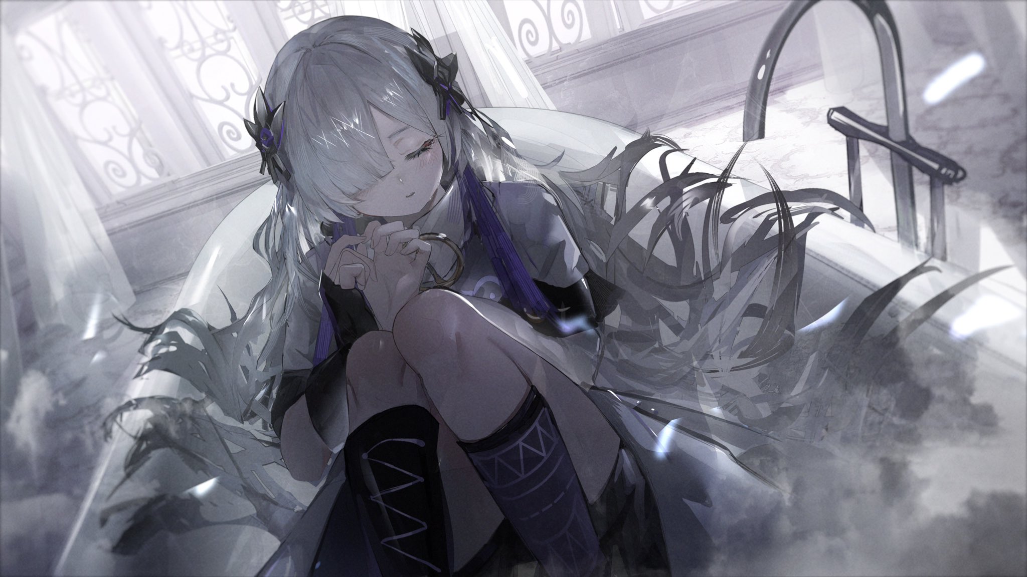 he image is a digital painting or illustration of an animestyle girl with long, white hair and purple eyes. she is sitting in a bathtub in a luxuriouslooking bathroom. her expression is sad or pensive. the overall color palette is predominantly grey and white, giving the image a melancholic or dreamy atmosphere. the style is detailed and painterly, blending soft brushstrokes with sharp lines. the background features ornate window frames and a metallic faucet.  the girl's clothing is elegant and stylish, hinting at a fantastical or otherworldly setting. the image evokes a feeling of solitude and quiet contemplation.