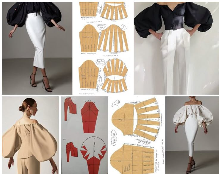 the image shows various fashion designs, primarily focused on clothing with puffed sleeves. several photos of models wearing these designs are included, alongside pattern diagrams for creating the sleeves. the clothing includes blouses, skirts, and pants, with a recurring emphasis on the unique shape and style of the sleeves.