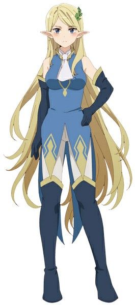 an anime character of an elf girl with long blonde hair, wearing a blue dress and boots.