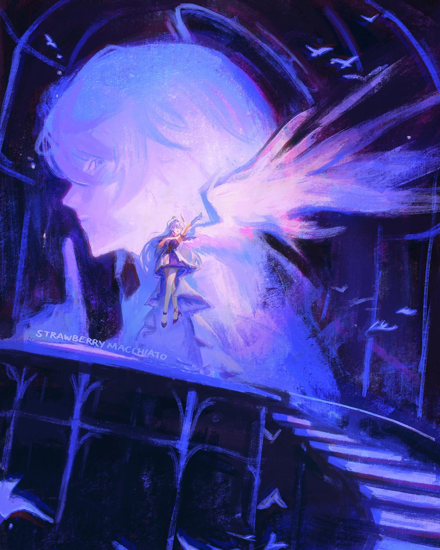 he image is a digital painting depicting a young girl in a flowing dress, standing on a platform. she is seemingly casting a spell or emitting light from her hands, which are outstretched. behind her is a large, translucent figure that is shaped like a head and shoulders, emanating a luminous purple glow. the figure appears to have large, feathery wings. the overall style of the artwork is fantasybased, characterized by a color palette dominated by purple and blue hues. the setting looks dark and mysterious, possibly hinting at a gothicstyle building or architecture. small birds are visible in the background, further enhancing the mystical ambiance. the entire composition has a dreamlike quality to it, with the blurred backgrounds and luminous figures evoking a magical atmosphere.  the artist's signature, "strawberry macchiato," is subtly visible in the lower portion of the painting.