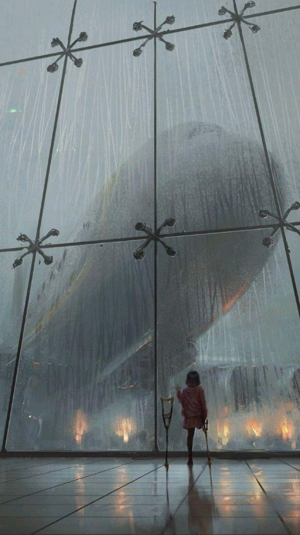a young girl with crutches stands inside a terminal, gazing out at an airplane through a rainstreaked window. the interior is modern with large glass panels. the scene conveys a sense of isolation and melancholy.