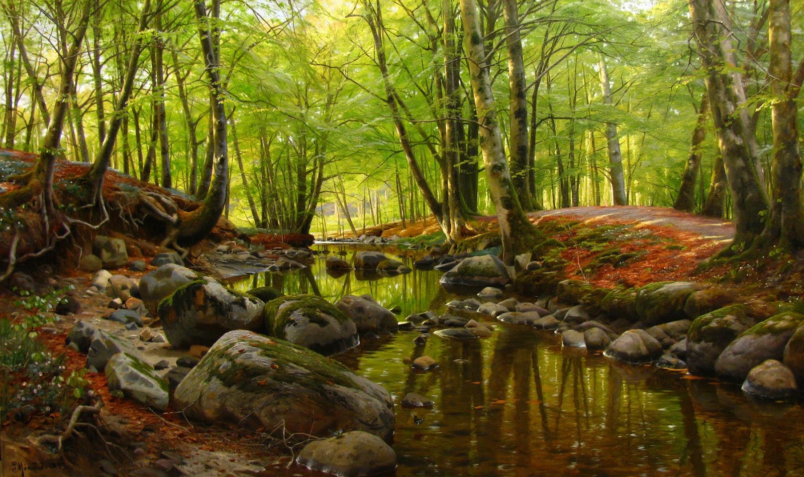 a tranquil forest scene with a gently flowing stream reflecting the sunlight filtering through the lush green canopy. the stream, bordered by mosscovered rocks and fallen leaves, meanders through the woods, creating a sense of depth and serenity.