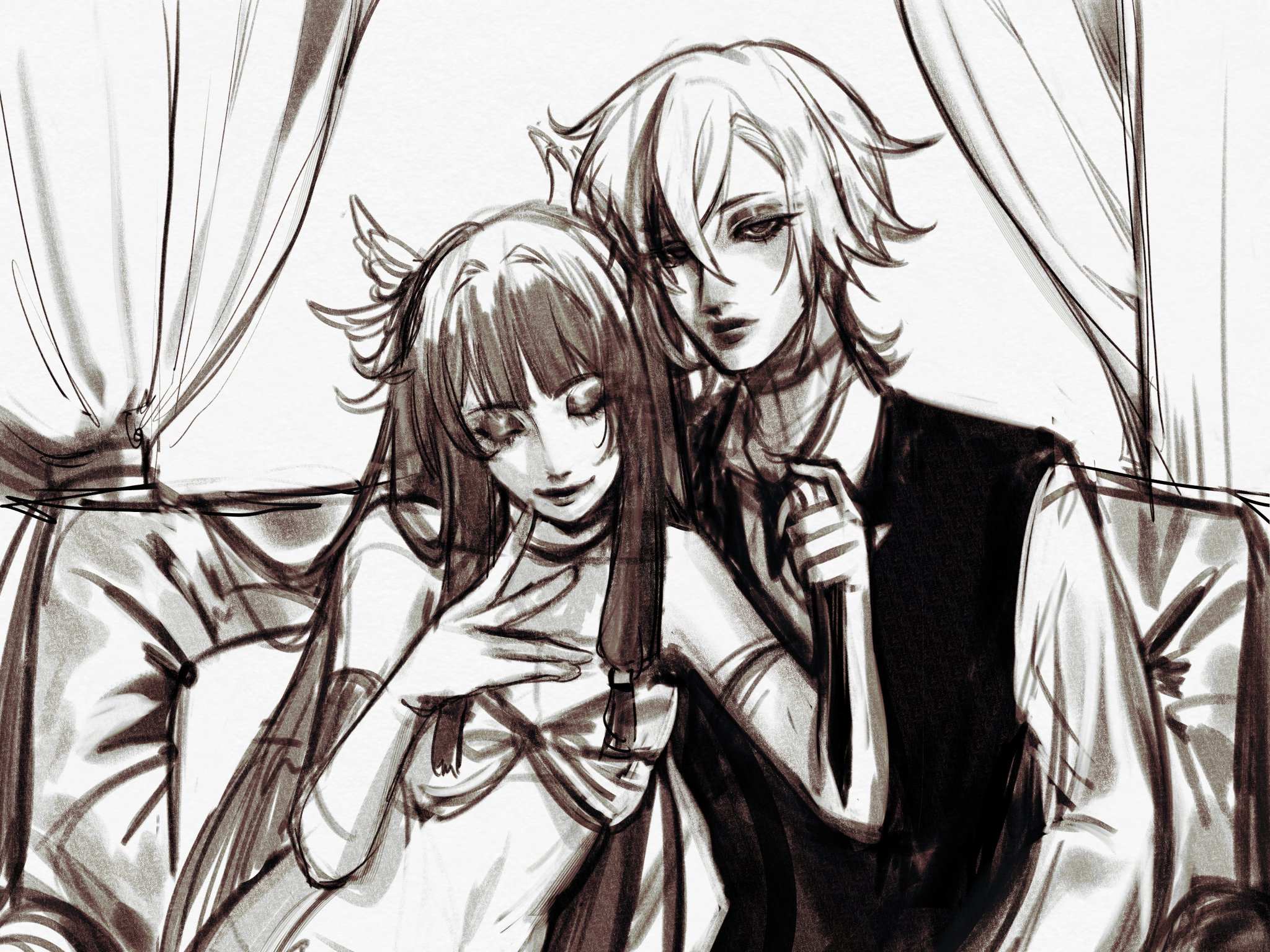 a black and white sketch of an anime couple. the man is dressed in a suit and the woman has her hair down and is wearing a sleeveless dress. the two are sitting close together with their arms around each other. they look very much in love.