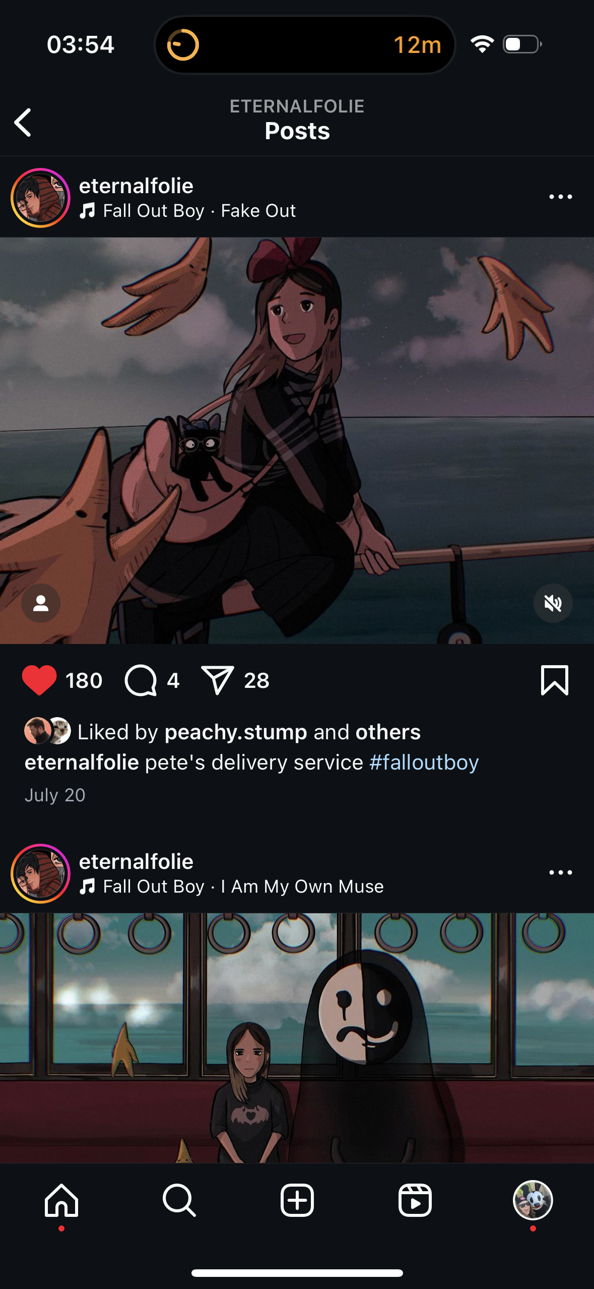 this is a screenshot of an instagram post. the post features a cartoon illustration of a character from the band fall out boy and the caption reads "fall out boy. fake out".
