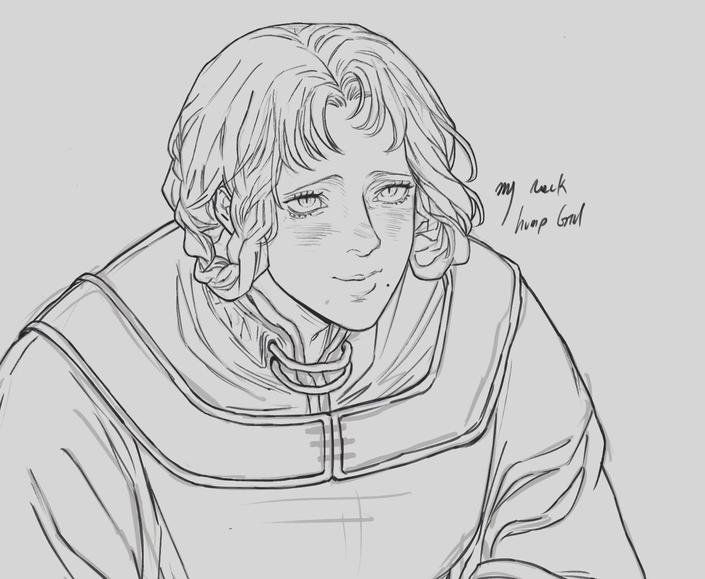 a grayscale digital drawing in an anime style of a person, possibly male, with short, wavy hair and a melancholic expression. the person is wearing a tunic with a collar and is positioned from the neckline up, showing the shoulders. there is handwritten text beside the person's head and a visible mole on their face. the drawing appears to be a sketch or unfinished illustration.