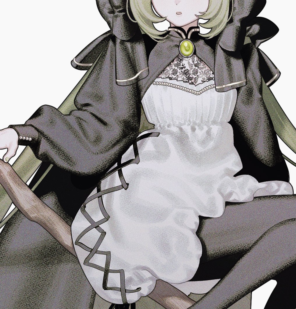the image is a digital illustration of an animestyle girl who appears to be a witch. she has long, light green hair and is wearing a dark gray or black cloak with gold accents over a white dress that features lace and a pleated skirt.  black, ribbonlike details adorn the hem of the dress.  she sits astride a broomstick, partially visible, and has a jade or green gemstone necklace. the art style is somewhat textured, giving a slightly grainy or painted effect. the background is plain white. the overall mood is dark yet elegant.