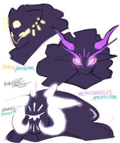 the image is of three colored sketches of potential character designs for something involving protectors. the characters are simple, with the most detail going into their horned heads. the first has a smooth, featureless mask marked with dots and lines. the second has large, curved horns and a snarling, bony face with glowing eyes. the third has four horns framing a skulllike visage with glowing eyes. all three are colored in shades of purple and have simple shading.