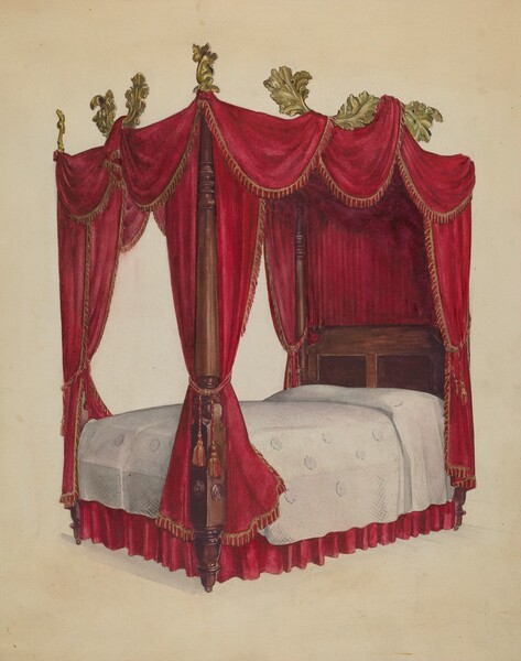 a painting of an antique fourposter canopy bed with red drapery and tassels. the bed has wooden posts, and a white bedspread with a red ruffled bed skirt. the canopy is also red, with gold decorative accents at the top of the posts.
