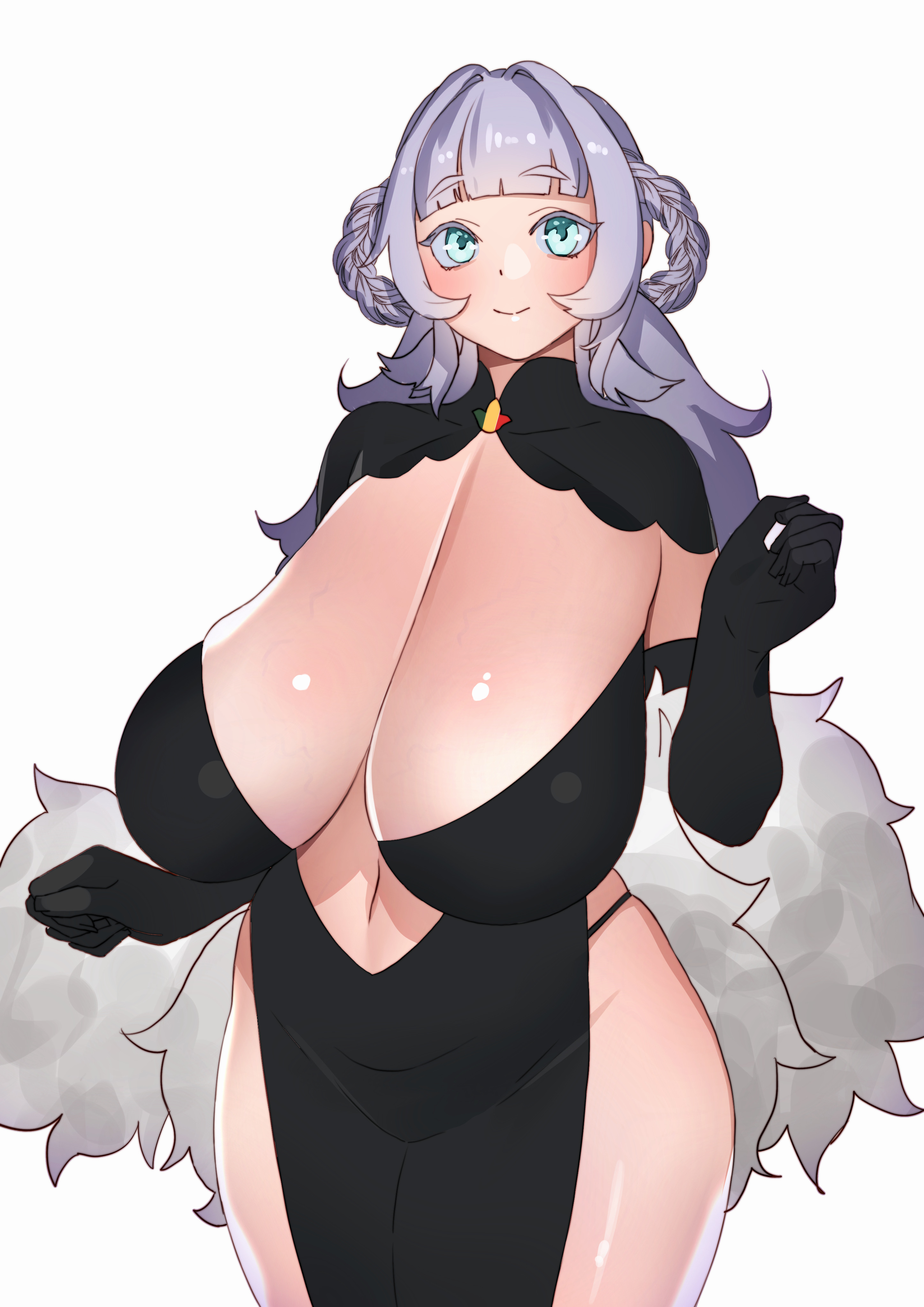 an animestyle woman with purple hair and blue eyes is wearing a black dress with a fur collar and gloves. she has large breasts.