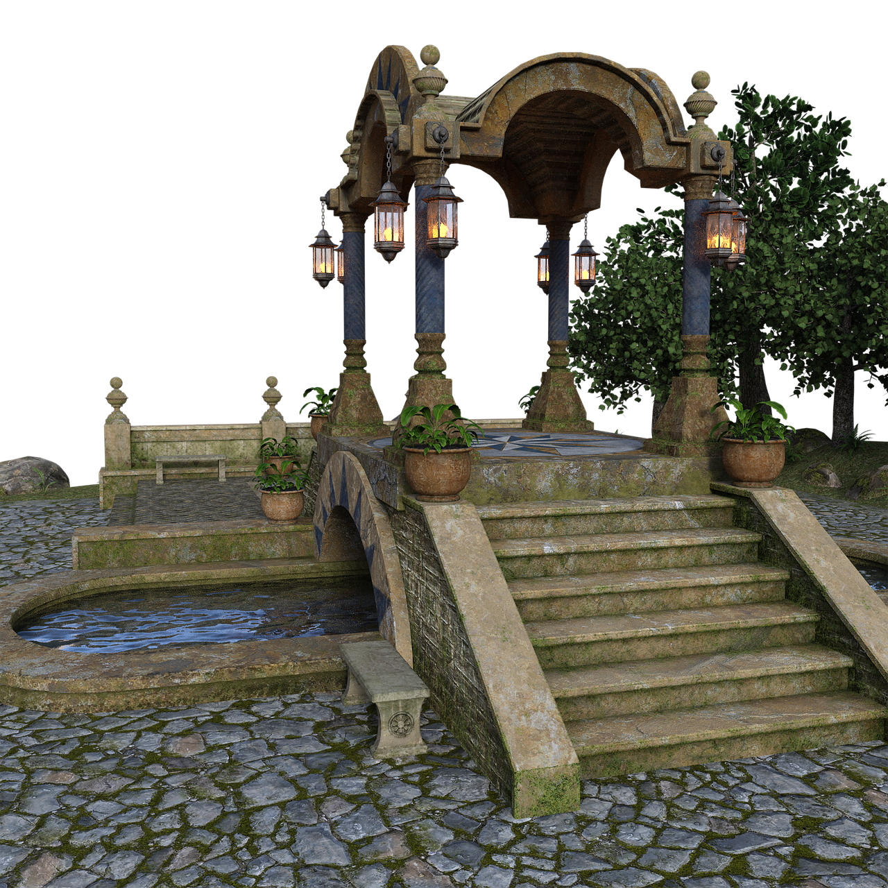 the image shows a stone gazebo with lit lanterns, accessible by stairs over a stone bridge crossing a small pool of water. the gazebo is surrounded by greenery, including plants in pots and nearby trees. a stone bench sits near the water, and the area is paved with cobblestones, some of which have moss growing on them.