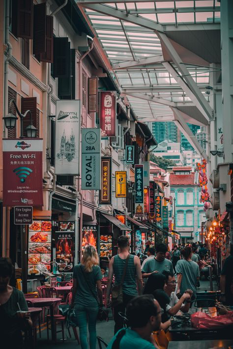 the image depicts a bustling street scene in singapore's chinatown.  narrow buildings line both sides of a walkway, their facades adorned with numerous brightly colored signs in both english and chinese characters.  these signs advertise various businesses, mostly restaurants and food stalls.  a glasscovered overhead structure creates a partially enclosed walkway.  the street is filled with people, a mix of locals and tourists, walking among the stalls and restaurants.  the overall atmosphere is vibrant, busy, and characteristic of a lively asian city center, especially at dusk or night. the warm lighting emphasizes the depth and detail of the alleyway.