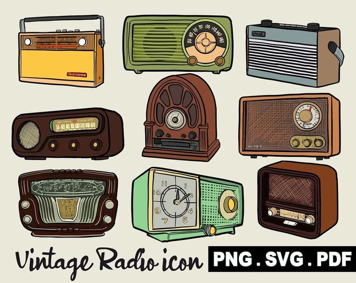 the image features a collection of nine vintage radio icons. the icons are in various styles and shapes, but they all have a retro look. the icons are perfect for use in design projects, websites, or social media. they are available in png, svg, and pdf formats.