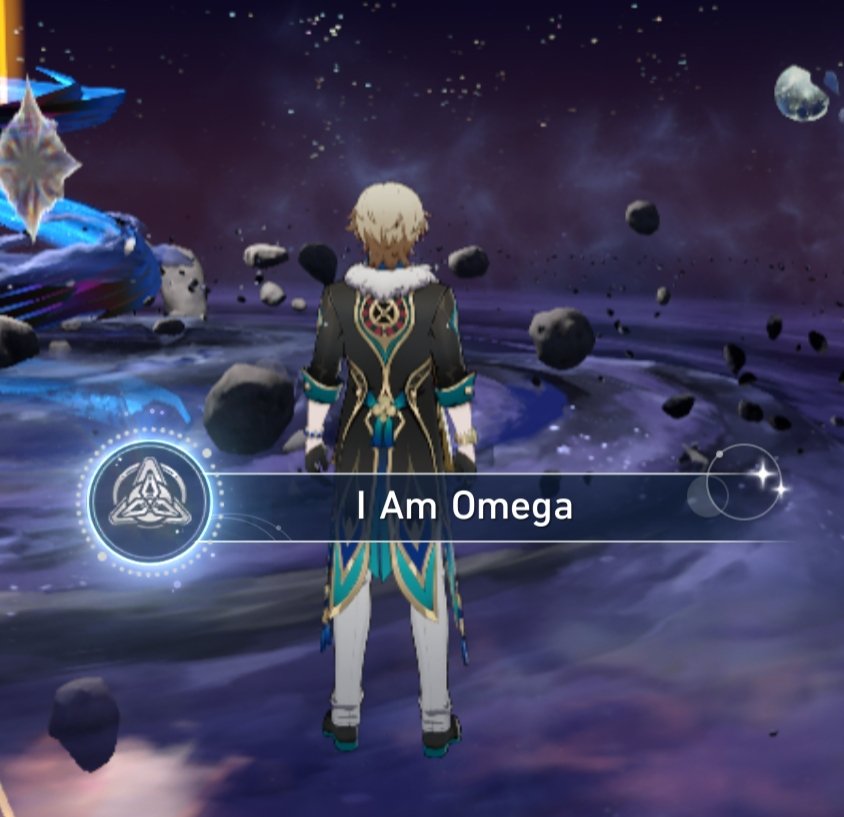 a male video game character is standing in the middle of a space scene with a glowing blue and purple galaxy and  stars behind them. they are wearing a blue and black outfit with a symbol on their chest and a blue and green cape. the text "i am omega" is in a box in front of them.  there are a few asteroids floating around them in the scene.