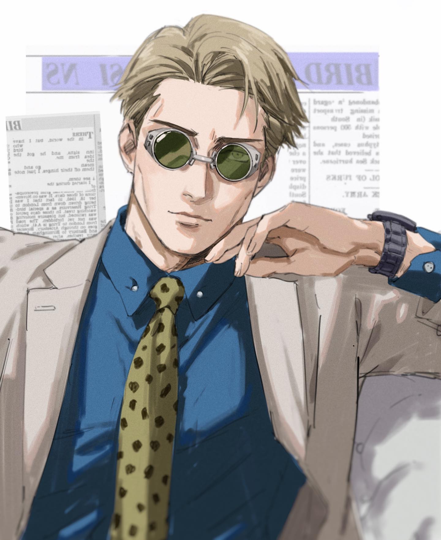 a man with blond hair is wearing a suit with a blue shirt, a beige jacket, and a dotted tie. he has a serious expression on his face as he looks at the camera. his eyes are hidden behind a pair of  protective glasses. he appears to be a person of high status.