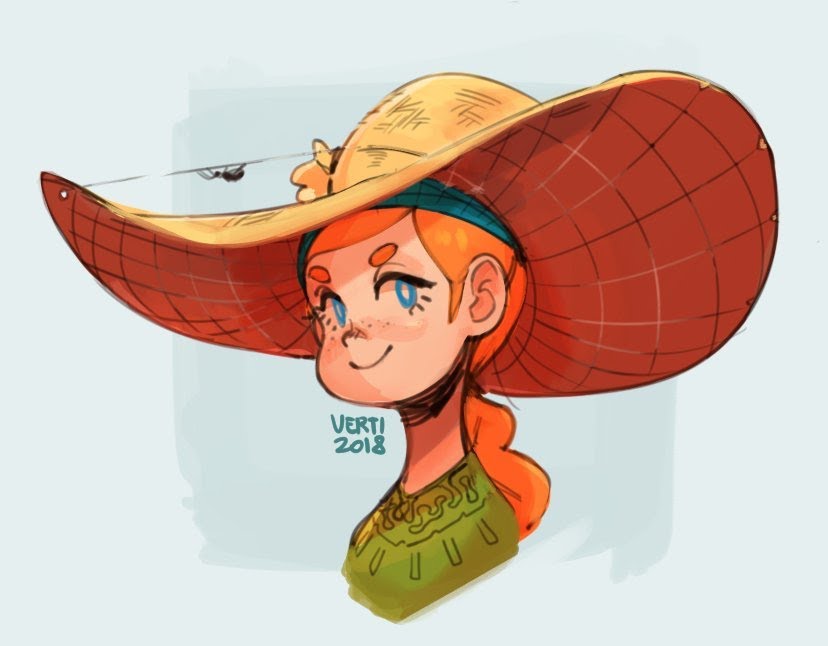 this is a digital illustration of a girl, drawn in a cartoon style, smiling and wearing a big straw hat. the hat is widebrimmed and has a red and white plaid pattern. the girl is wearing a green shirt, has orange hair, and is looking off to the side.