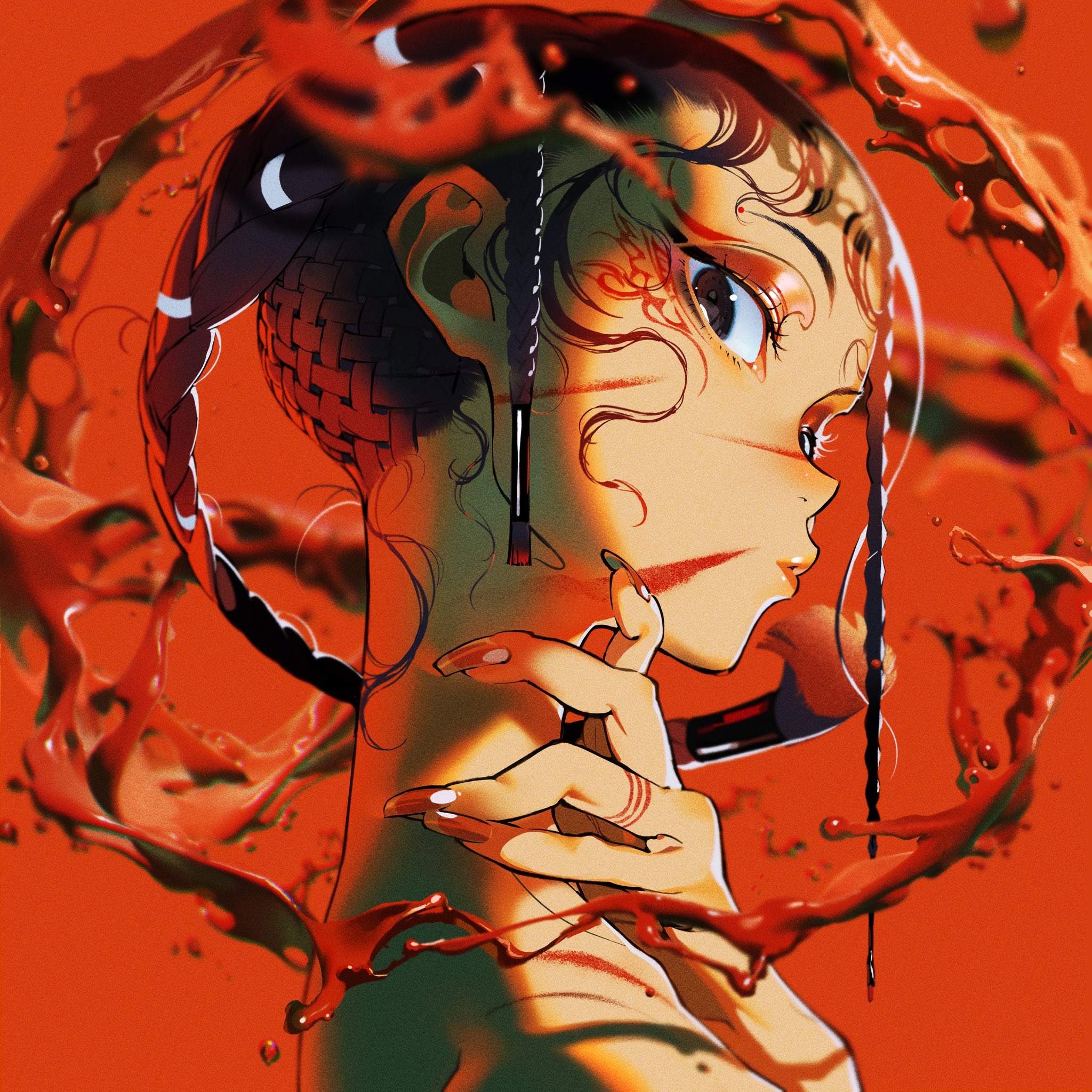 a digital illustration of an anime girl with bright red hair and a redorange tattoo on her face, standing in a pool of splattered blood. the girl's eyes are open and wide, and she is looking to the side,  with her hand resting on her cheek. the background is also filled with red splatters of blood.